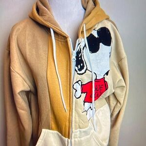New Peanuts Joe Cool Snoopy Color Block Tan Hoodie Jacket Long Sleeve Small